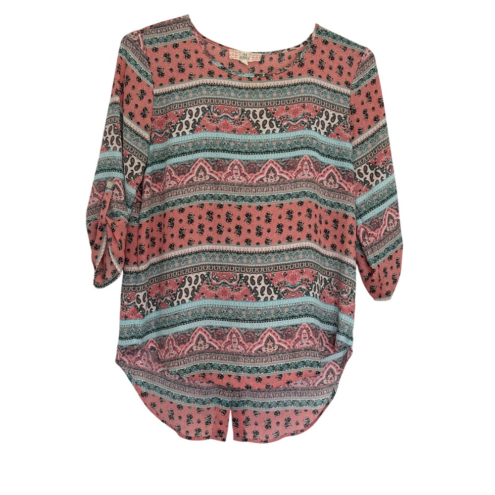 Pink Republic Peach Paisley Boho Roll Tab Sleeve Split Back Blouse Medium